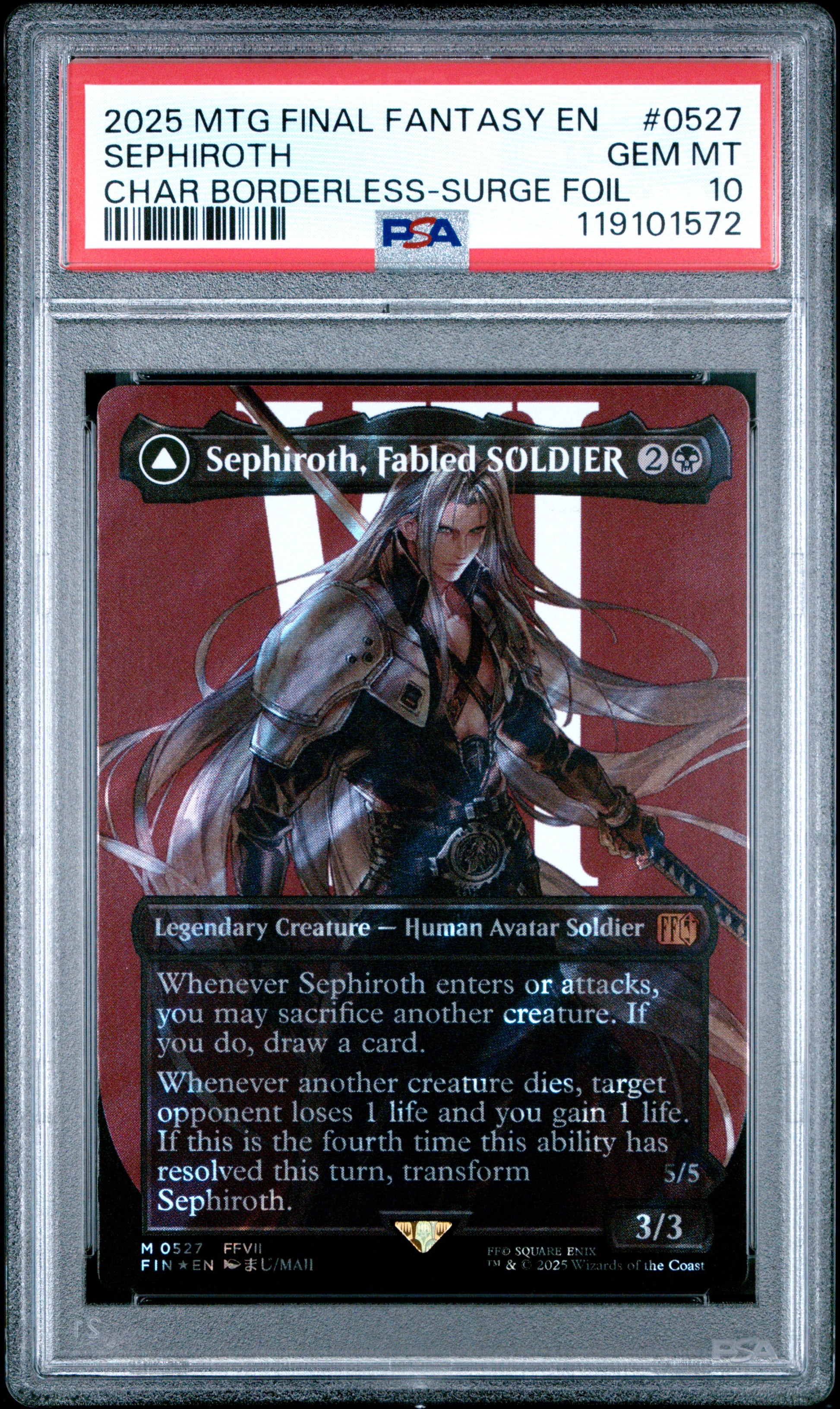 2025 MTG Final Fantasy Sephiroth, Fabled SOLDIER #0527 (Borderless Surge Foil) – PSA 10 Gem Mint