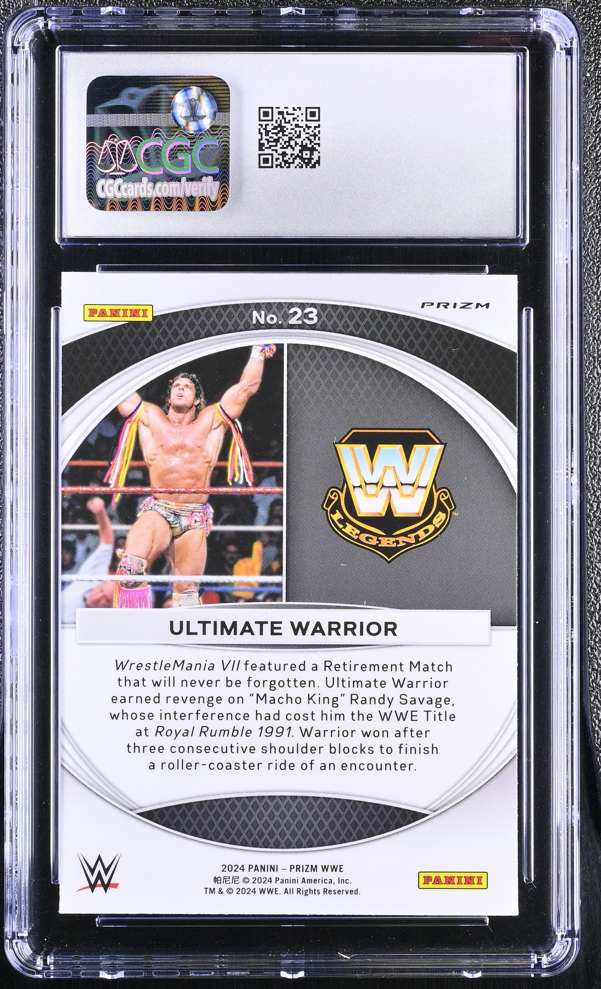 2024 Panini Prizm WWE WrestleMania Moments #23 Ultimate Warrior – Green Parallel – CGC 10 Gem Mint