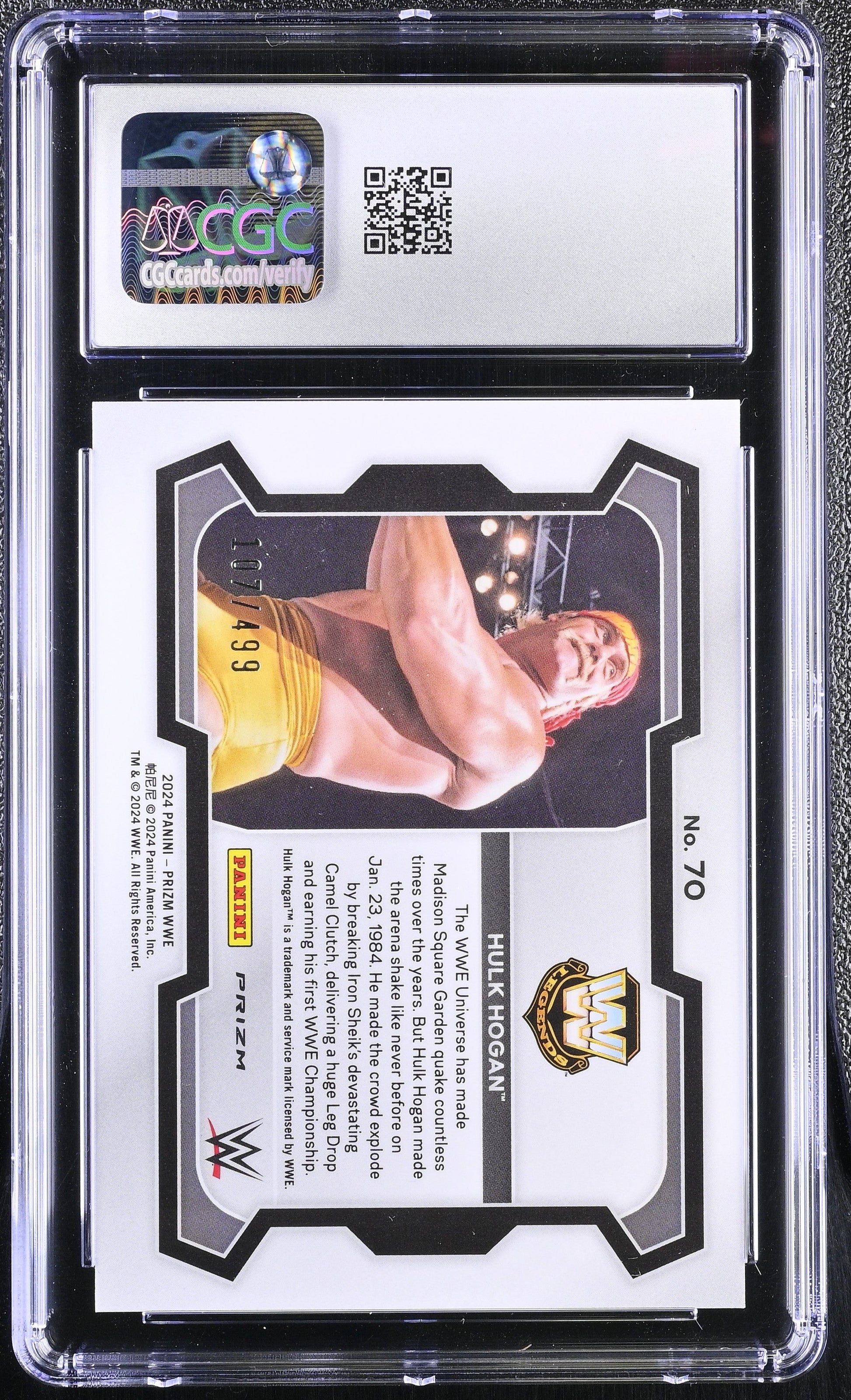 Trading card of a wrestler in a clear protective case with WWE branding