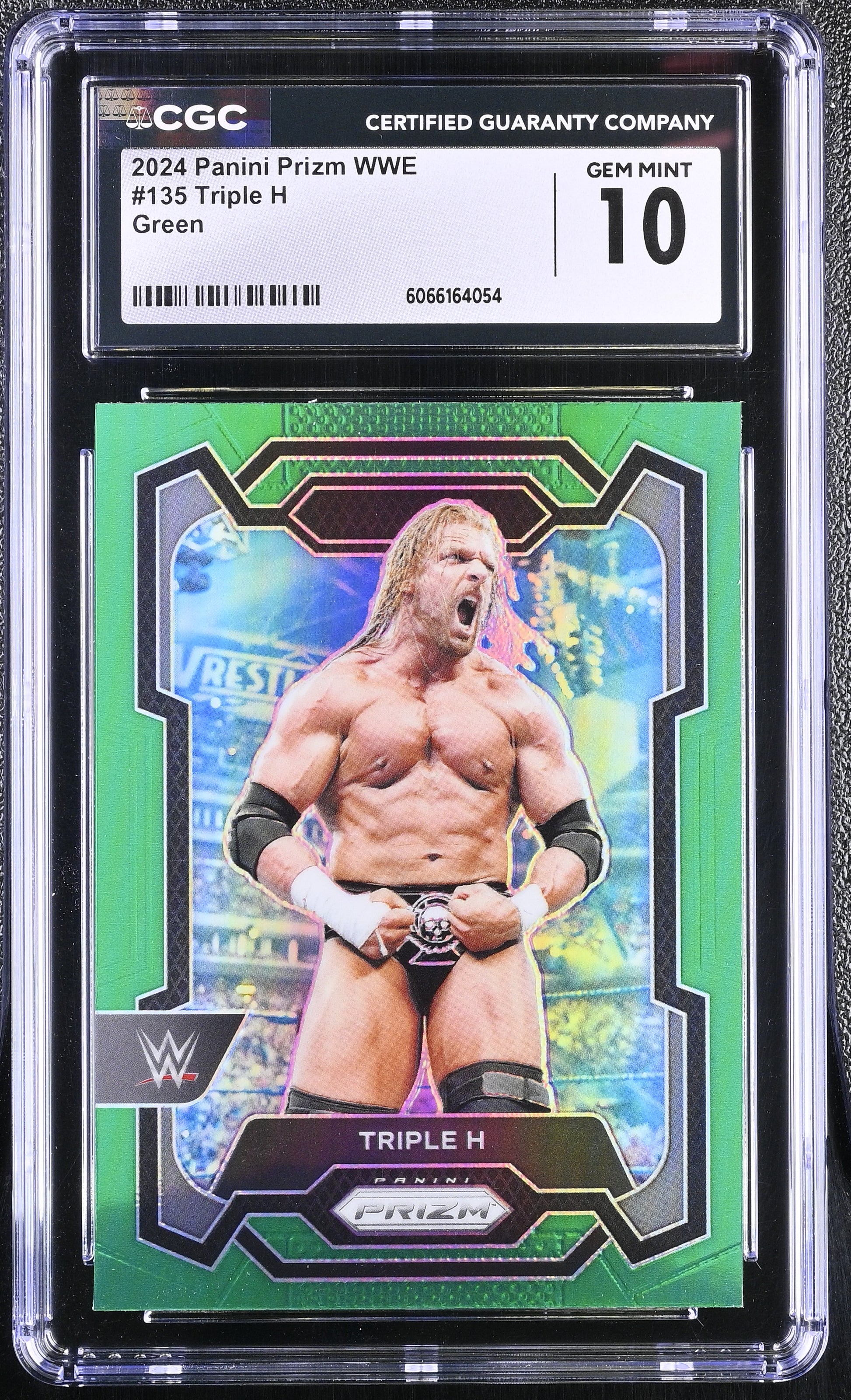 Shop 2024 Panini Prizm WWE #135 Triple H Green – CGC 10 Gem Mint. WWE legend The Game in a flawless Green Prizm parallel slab.