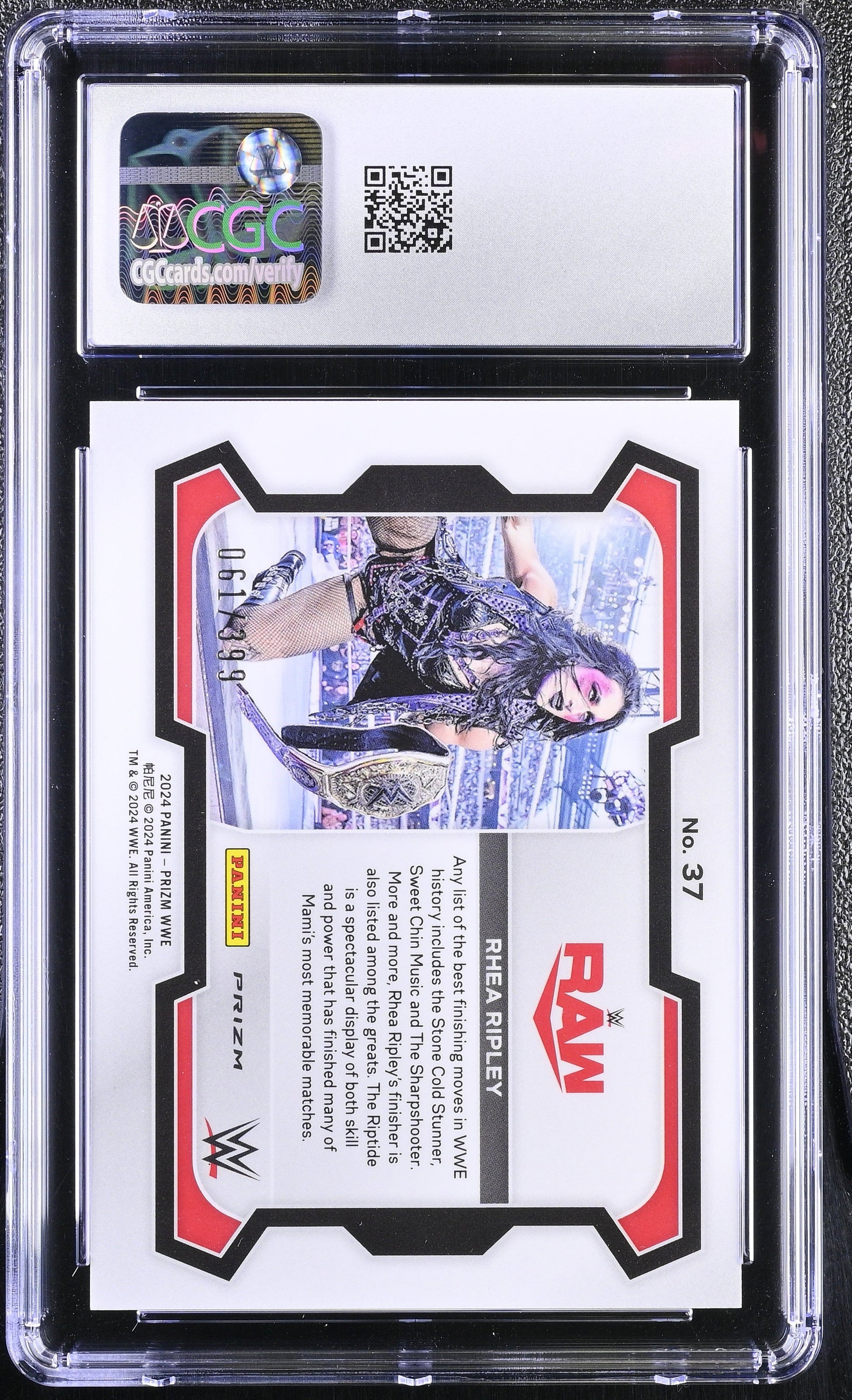 WWE trading card in a protective case with a visible grading label.