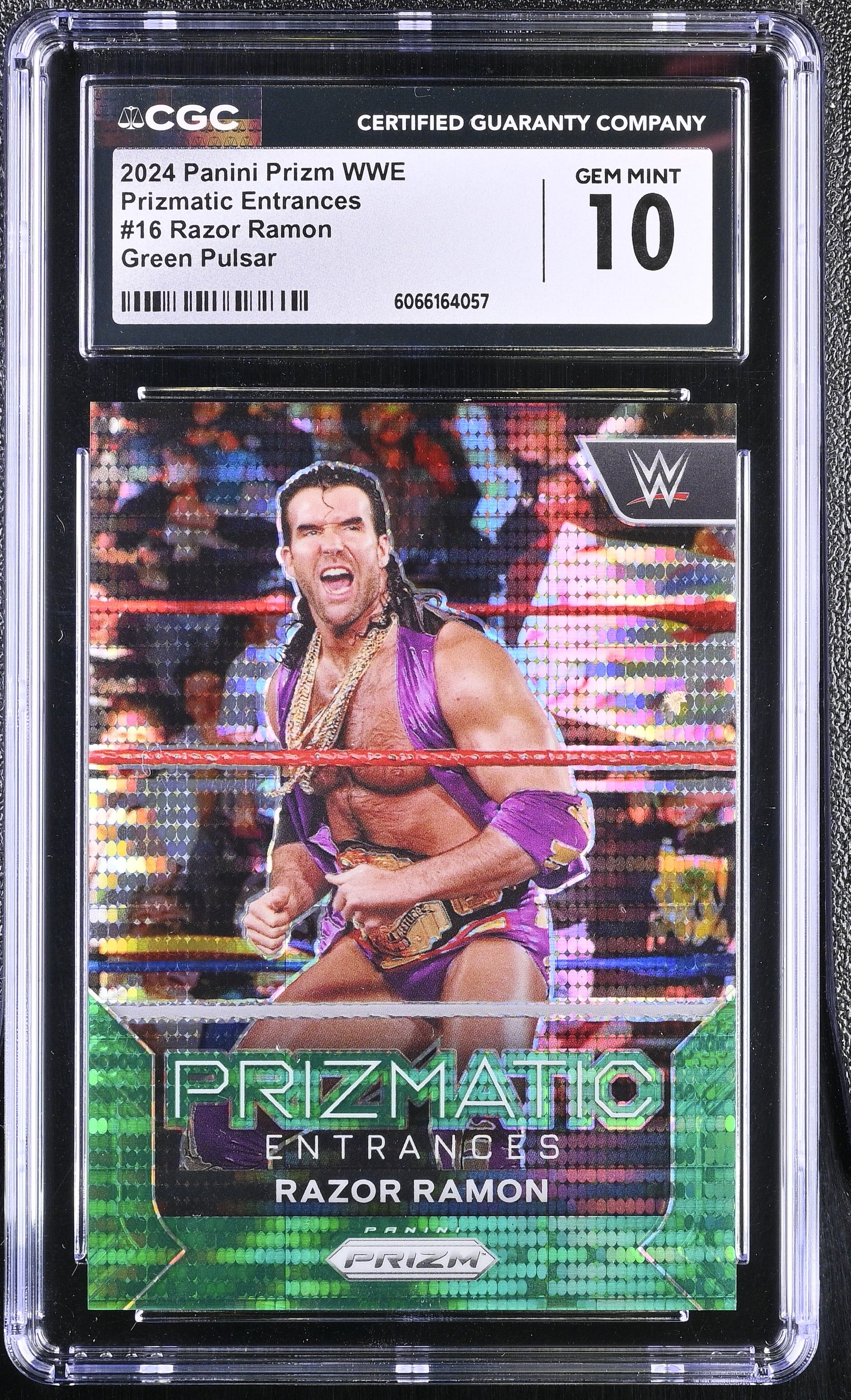 WWE trading card featuring Razor Ramon in a Prismatic Entrances design, graded by CGC.