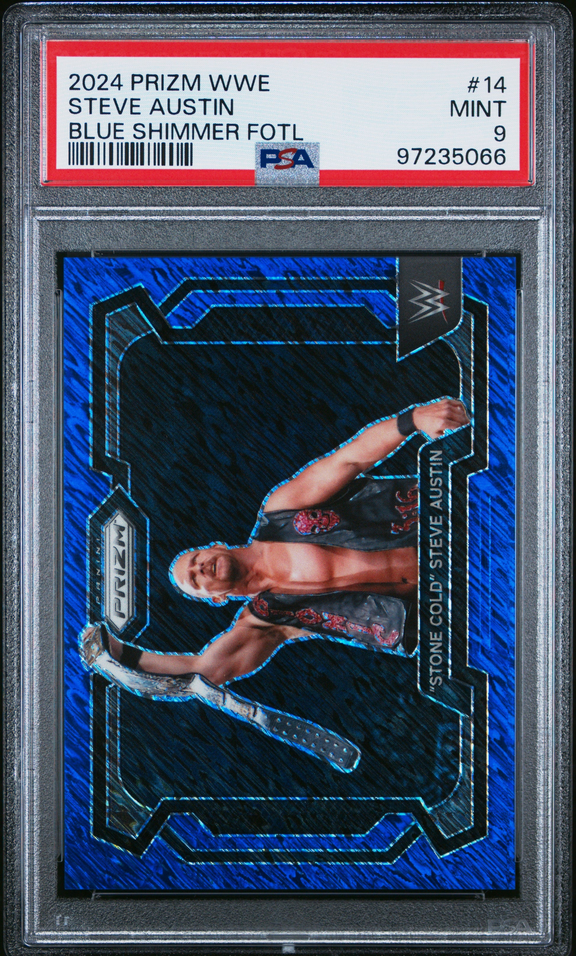 2024 Panini Prizm WWE #14 Steve Austin – Blue Shimmer FOTL – PSA 9 Mint 07/11