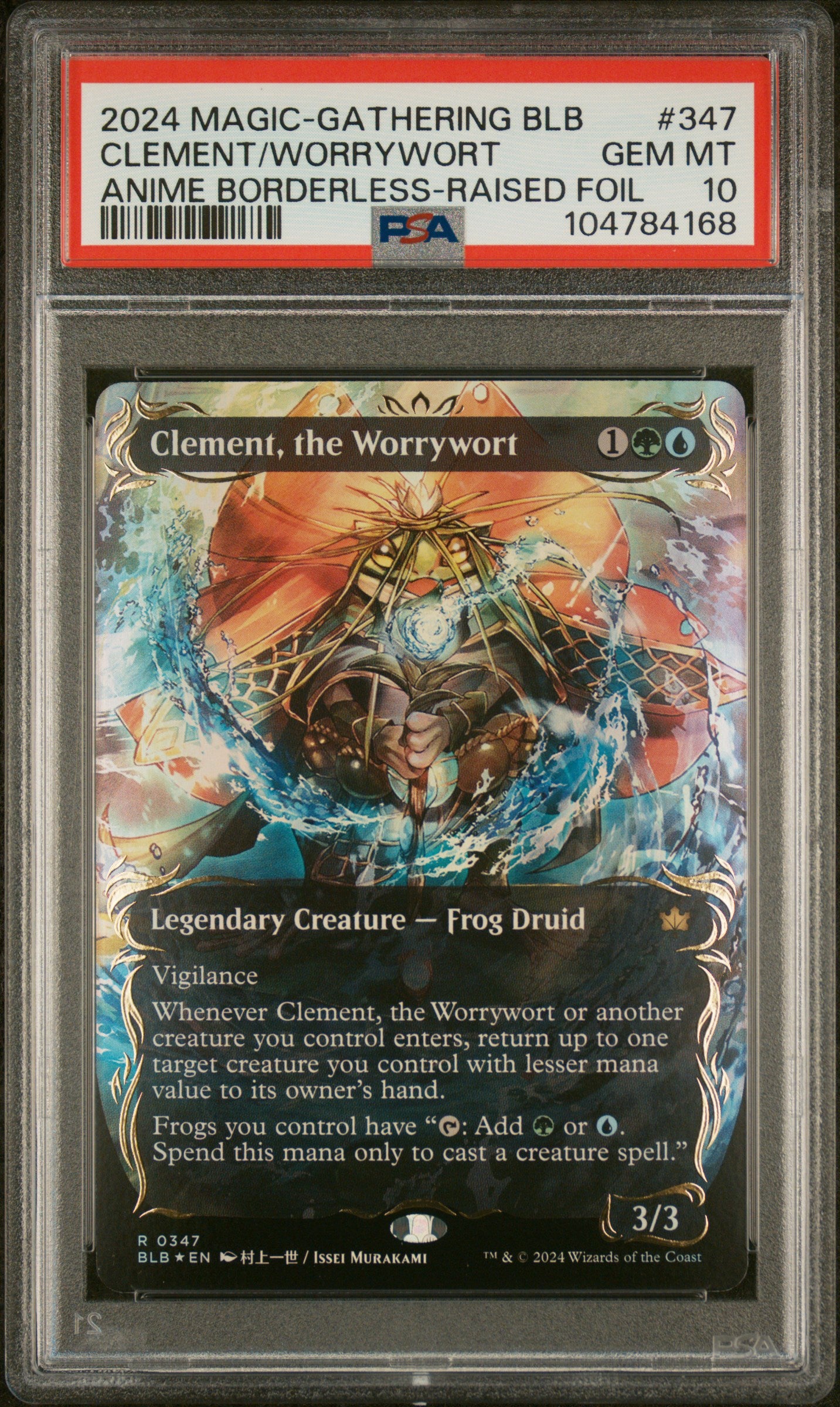 2024 MTG Bloomburrow Clement, the Worrywort #347 – Anime Borderless Raised Foil – PSA 10