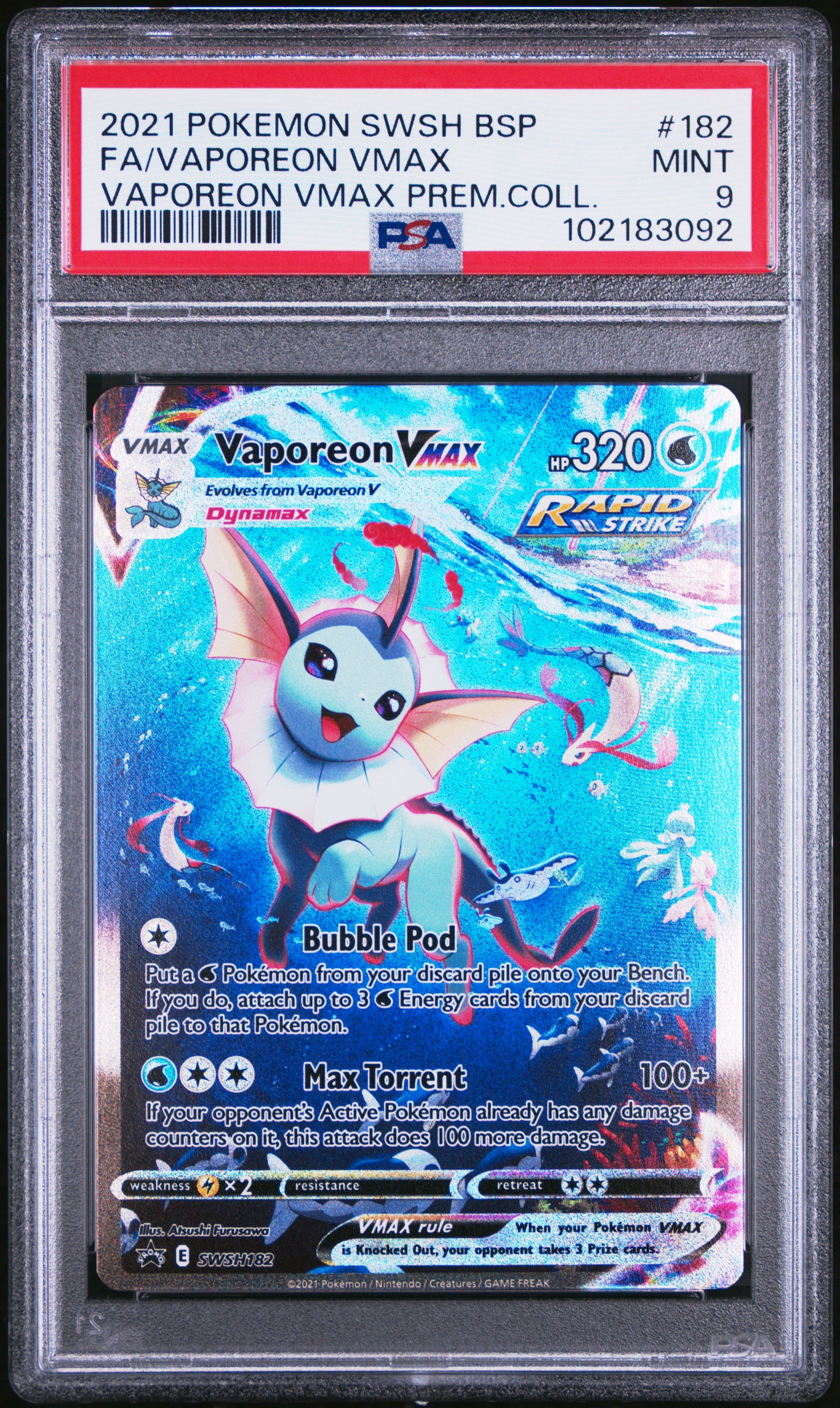 2021 Pokémon Vaporeon VMAX #182 Black Star Promo – Premium Collection – PSA 9 Mint