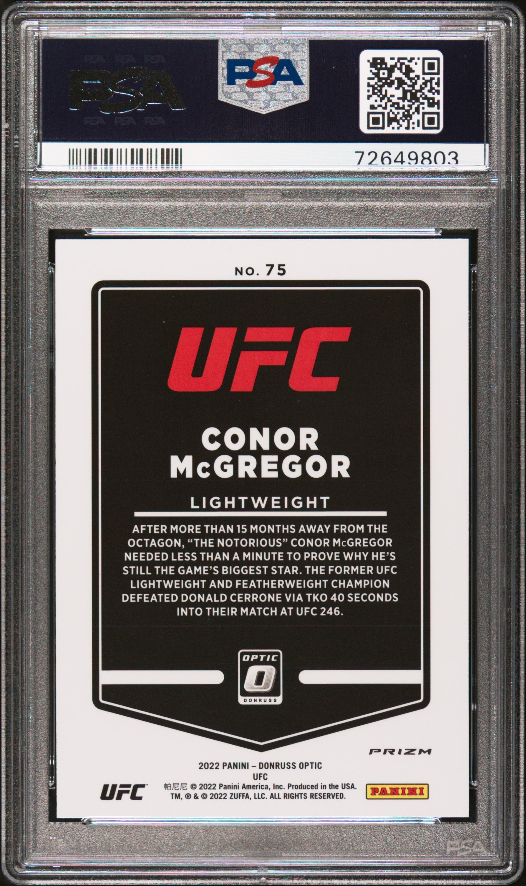 2022 Panini Donruss Optic UFC #75 Conor McGregor – Purple Prizm – PSA 10 Gem Mint