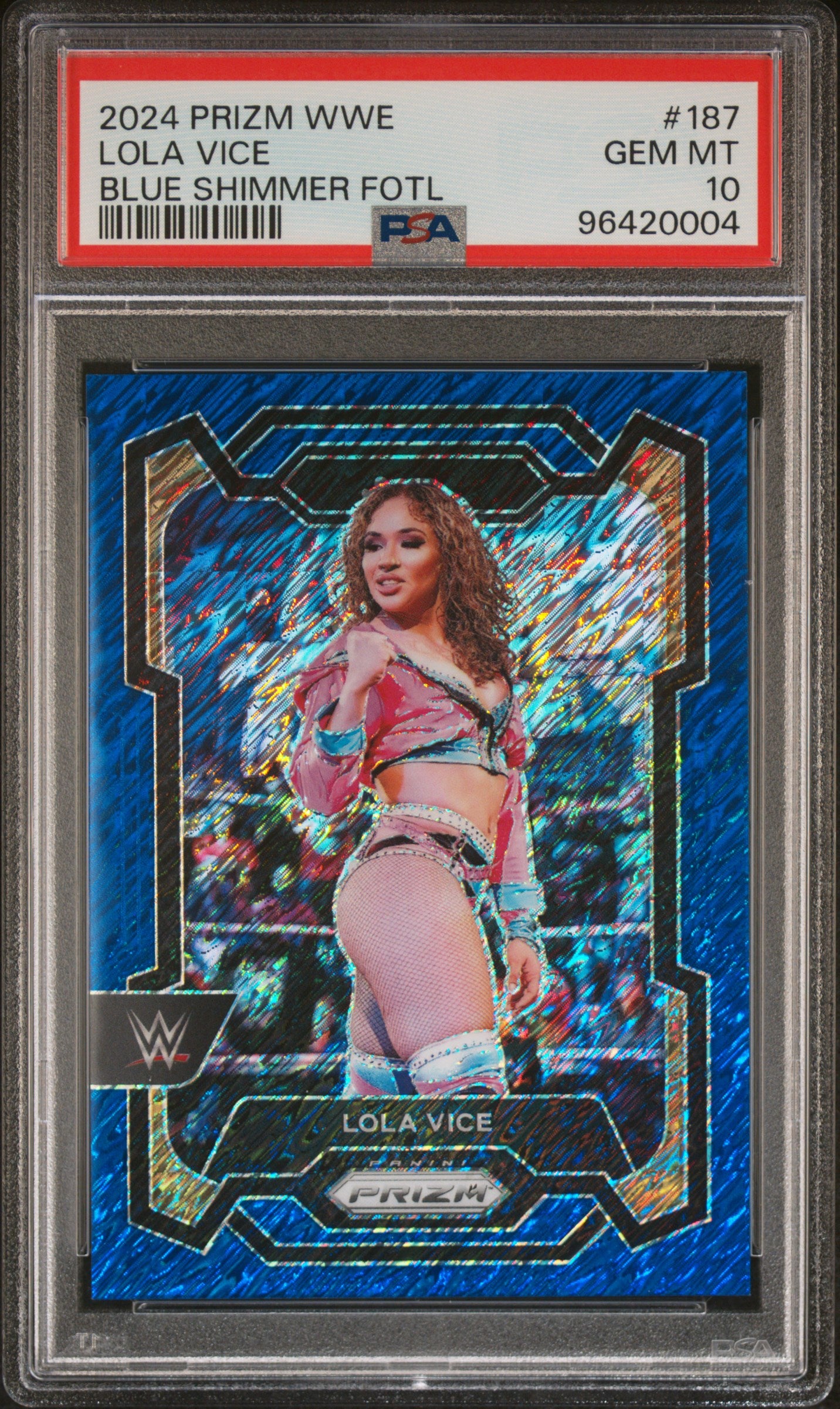Trading card of Lola Vice from 2024 Prizm WWE series, featuring blue shimmer foil text.