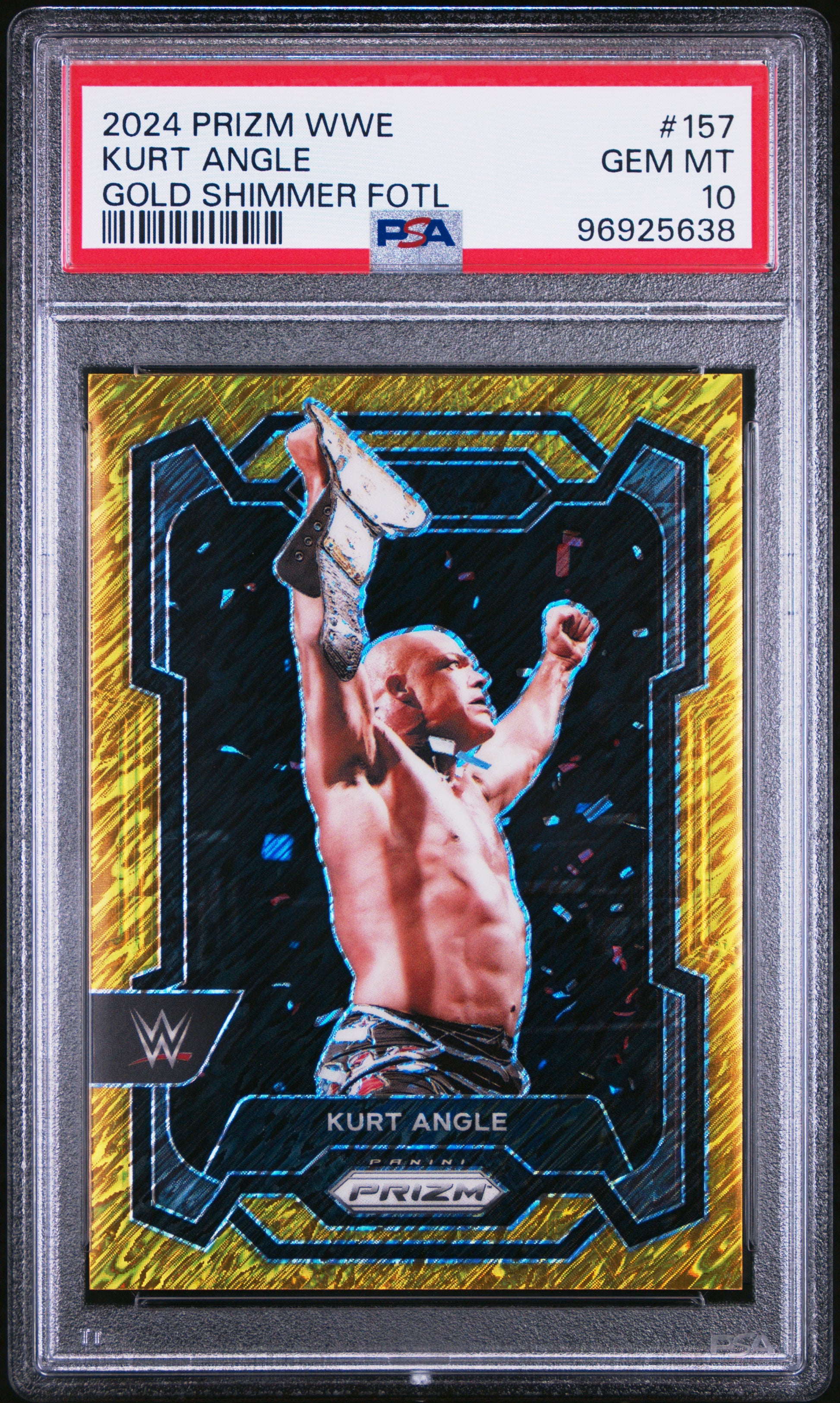 2024 Panini Prizm WWE #157 Kurt Angle – Gold Shimmer FOTL – PSA 10 Gem Mint 1/5