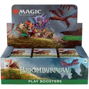 Box of 'Magic: The Gathering' Bloombyarrow play boosters with characters and creatures on a white background.