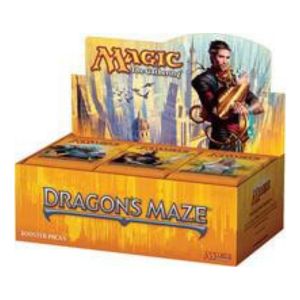 Cardboard packaging of 'Magic: The Gathering' Dragons Maze booster pack on a white background
