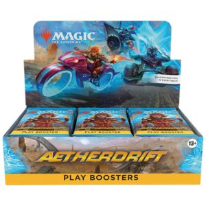 Box of 'Aetherdrift' play boosters from 'Magic: The Gathering' with colorful graphics and branding.