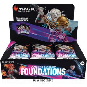 Box of Magic: The Gathering Foundations play boosters with character artwork on a white background.