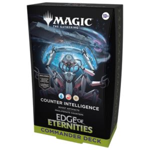 Magic the Gathering card game box with artwork of a character and text on a black background