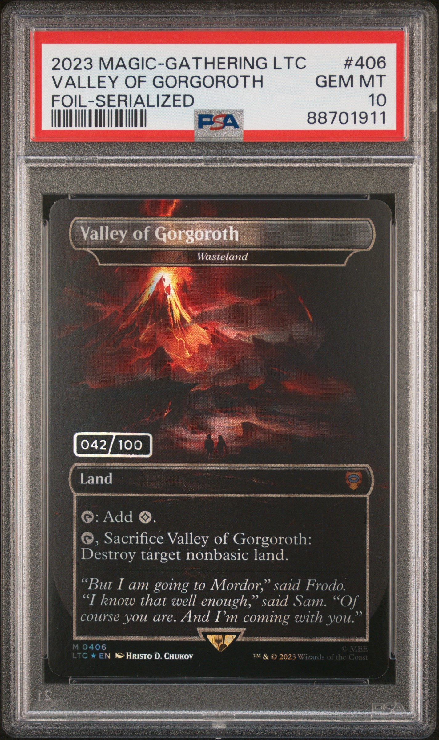 Trading card featuring 'Valley of Gorgoroth' from '2023 Magic: Gathering LTC' with a PSA grading label.