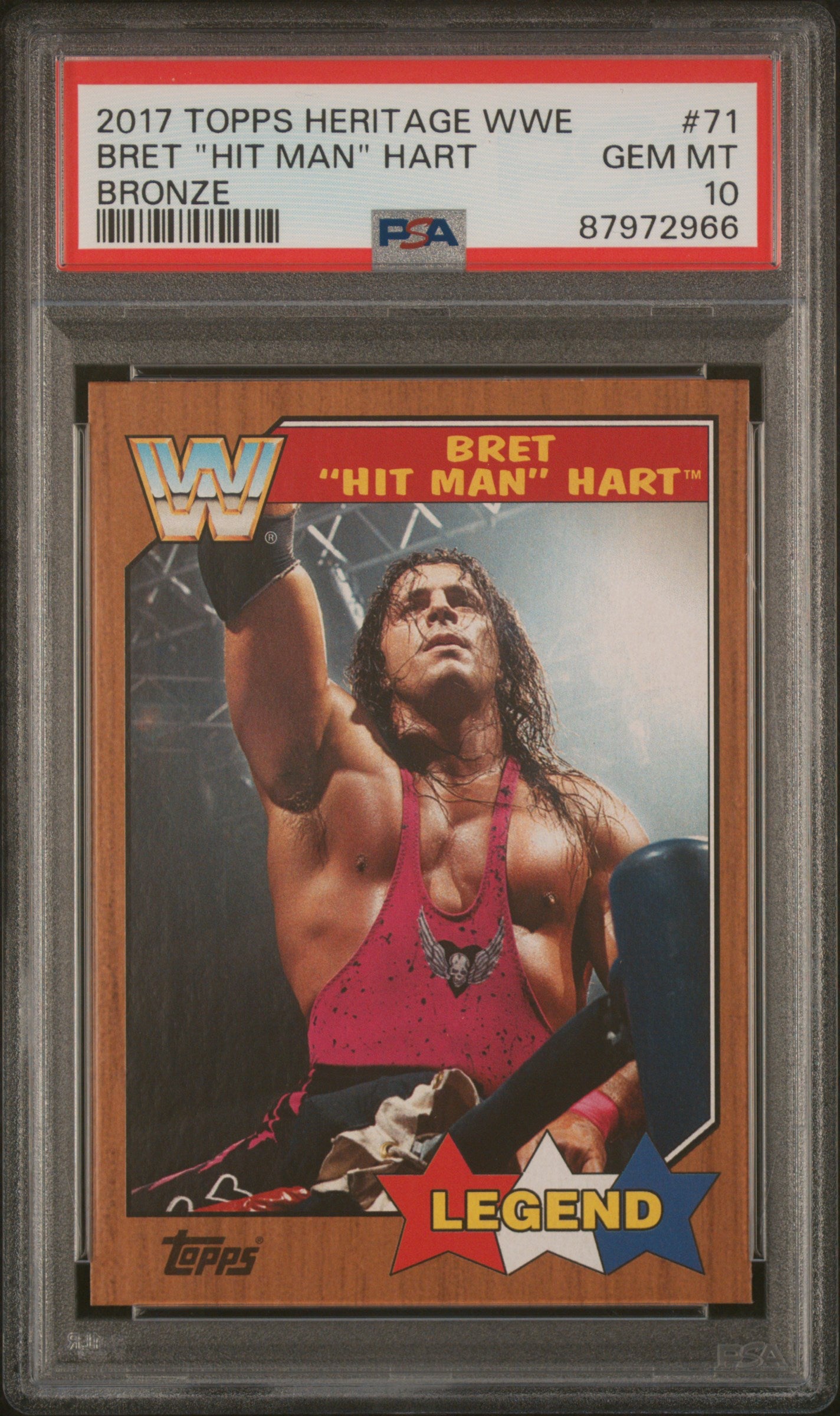 Wrestling trading card of Bret 'Hit Man' Hart from 2017 Topps Heritage WWE series, graded GEM MT 10 by PSA.