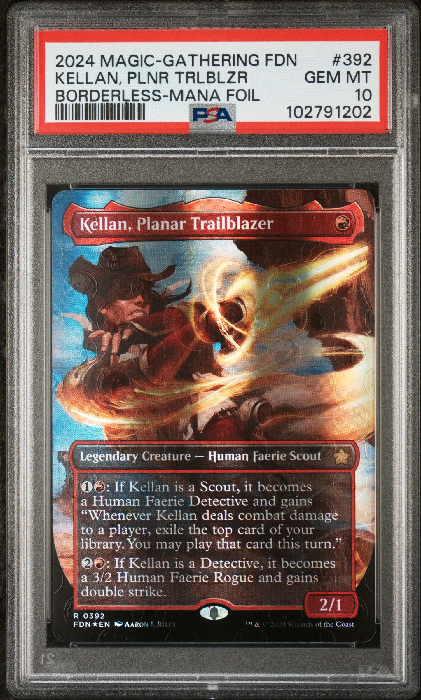 2024 MTG Foundations Kellan, Planar Trailblazer #392 – Borderless Mana Foil – PSA 10 Gem Mint