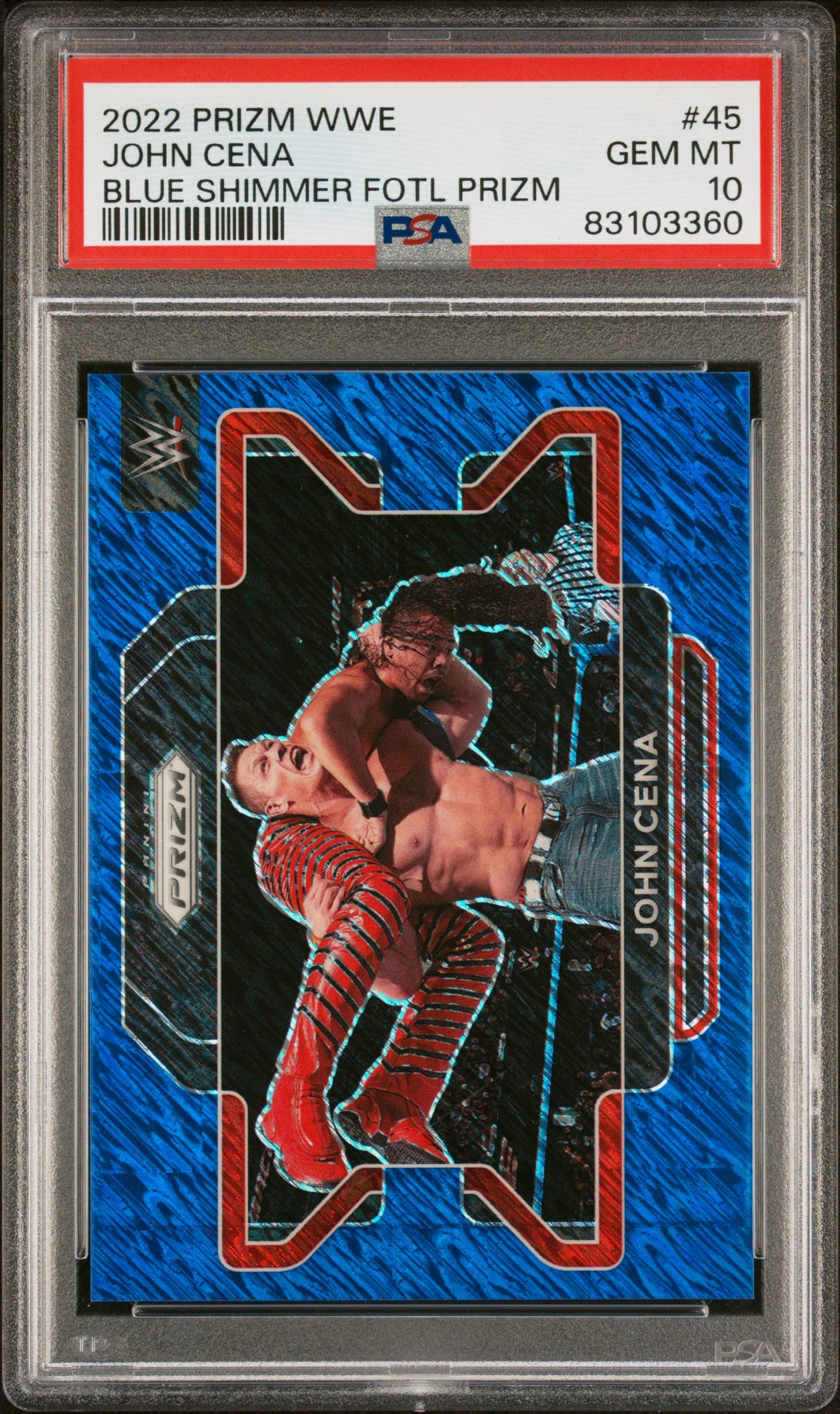 2022 Panini Prizm WWE #45 John Cena – Blue Shimmer FOTL – PSA 10 Gem Mint 08/10