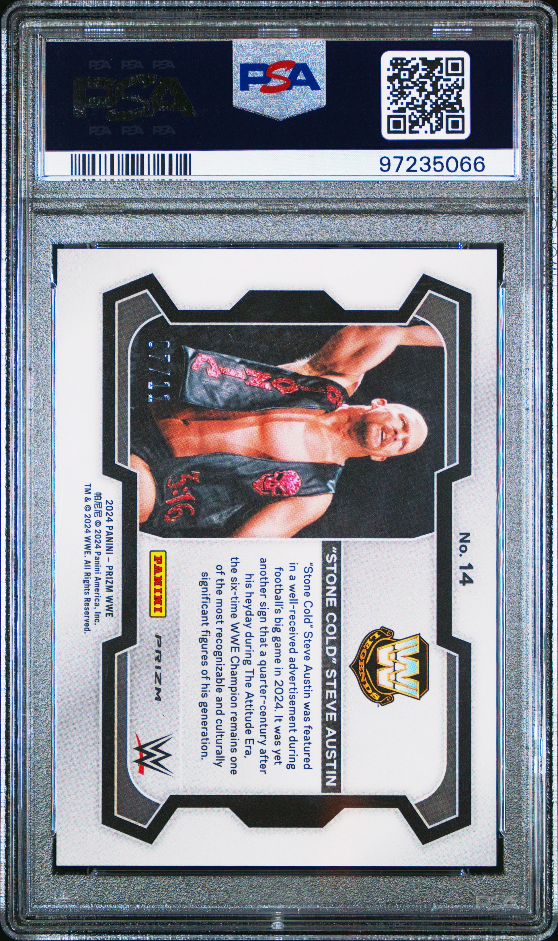 2024 Panini Prizm WWE #14 Steve Austin – Blue Shimmer FOTL – PSA 9 Mint 07/11