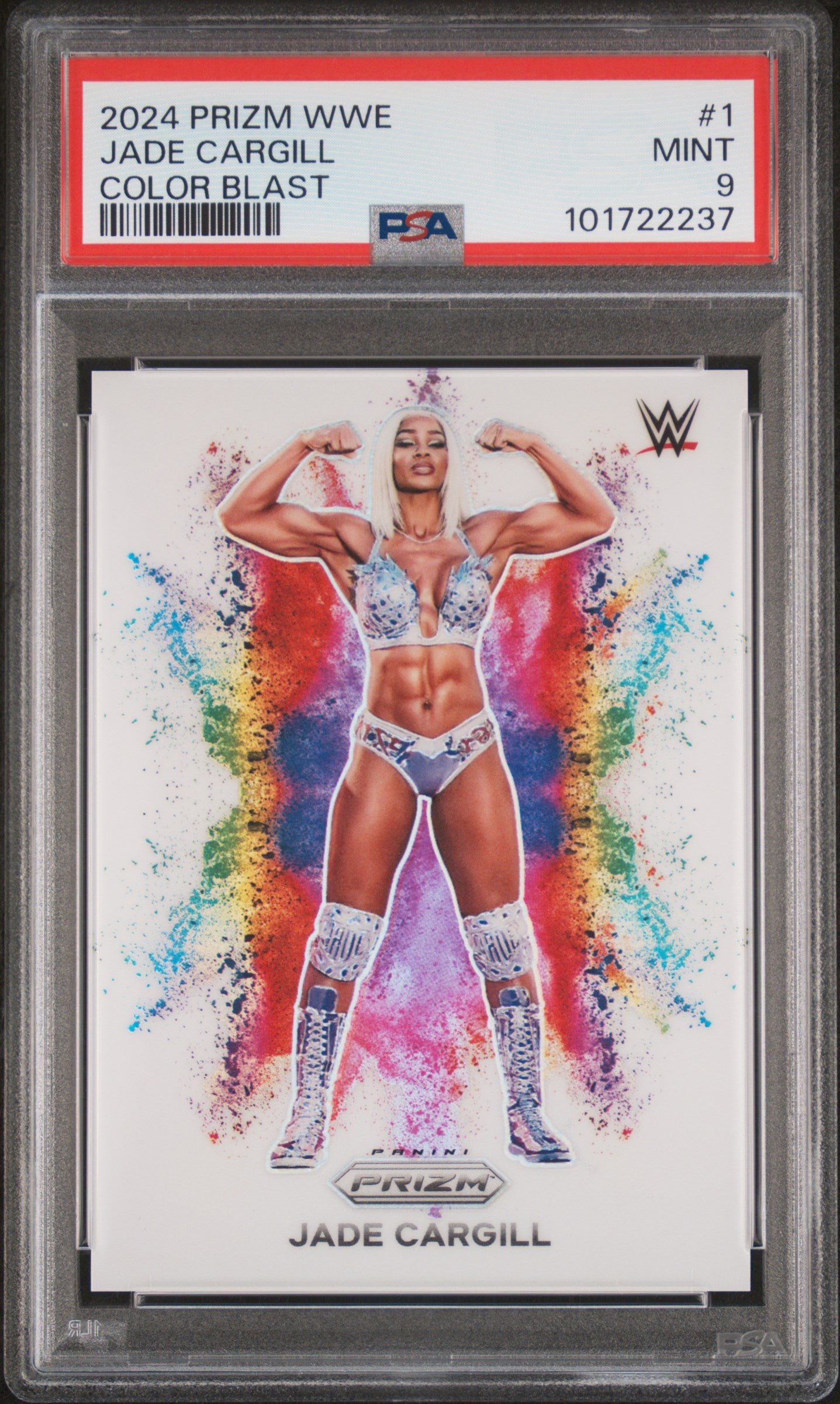 Trading card of Jade Cargill from 2024 Prizm WWE series, graded Mint 9 by PSA.