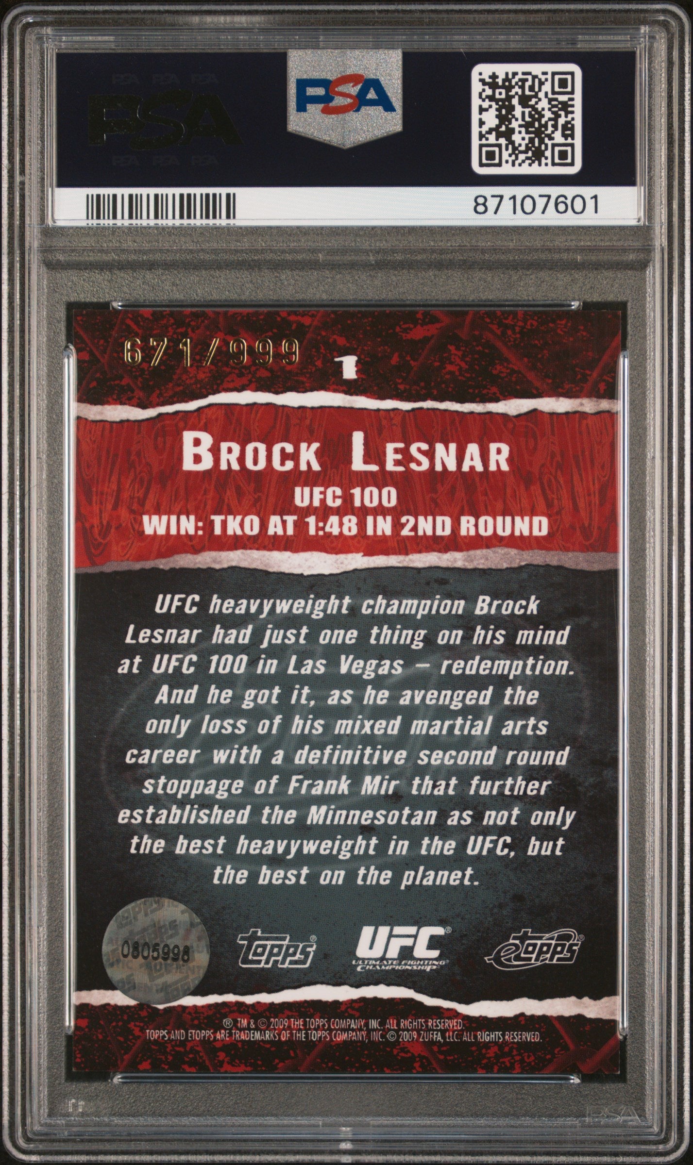 2009 eTopps UFC #1 Brock Lesnar – PSA 10 Gem Mint