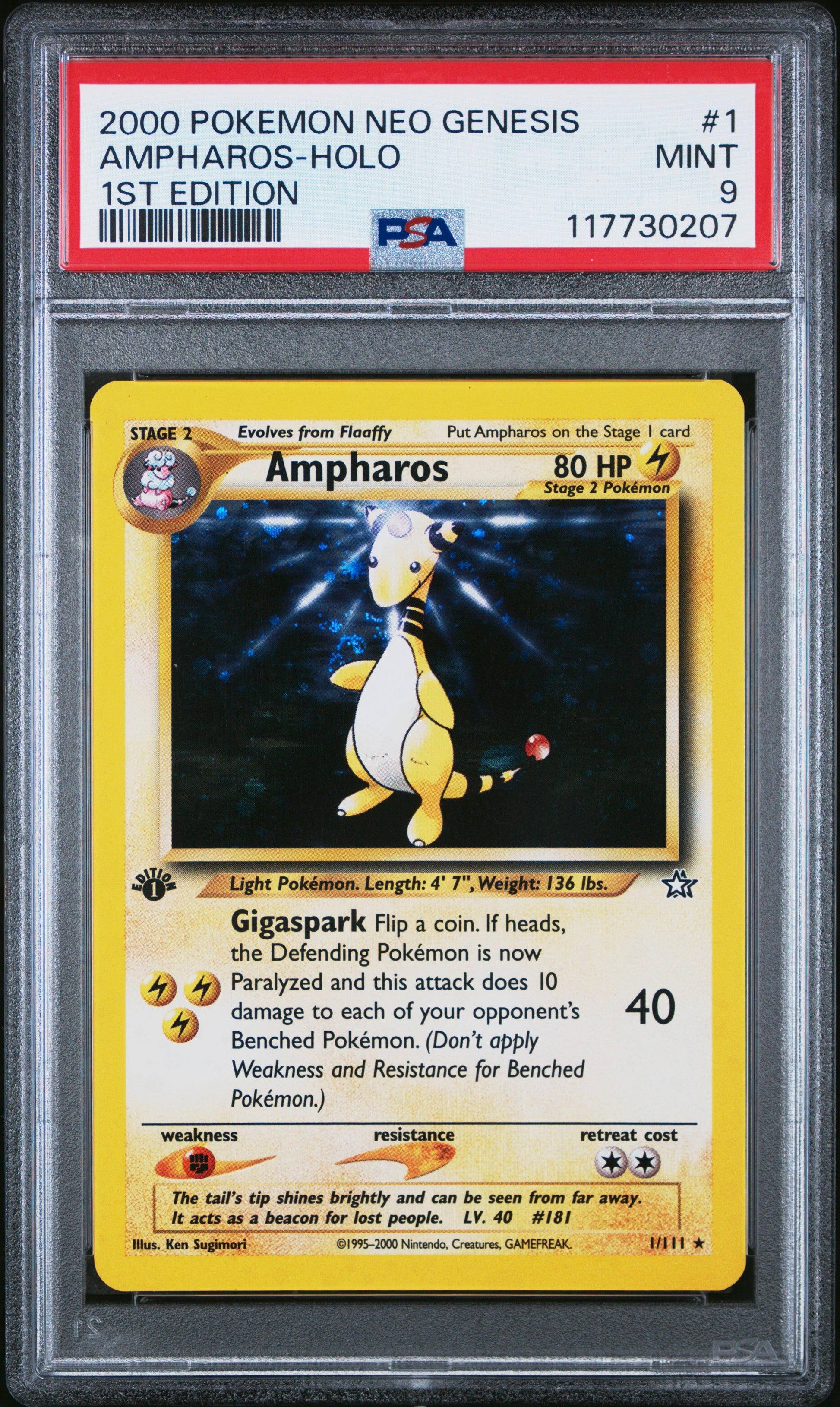 2000 Pokémon Neo Genesis Ampharos 1st Edition #1 Holo – PSA 9 Mint