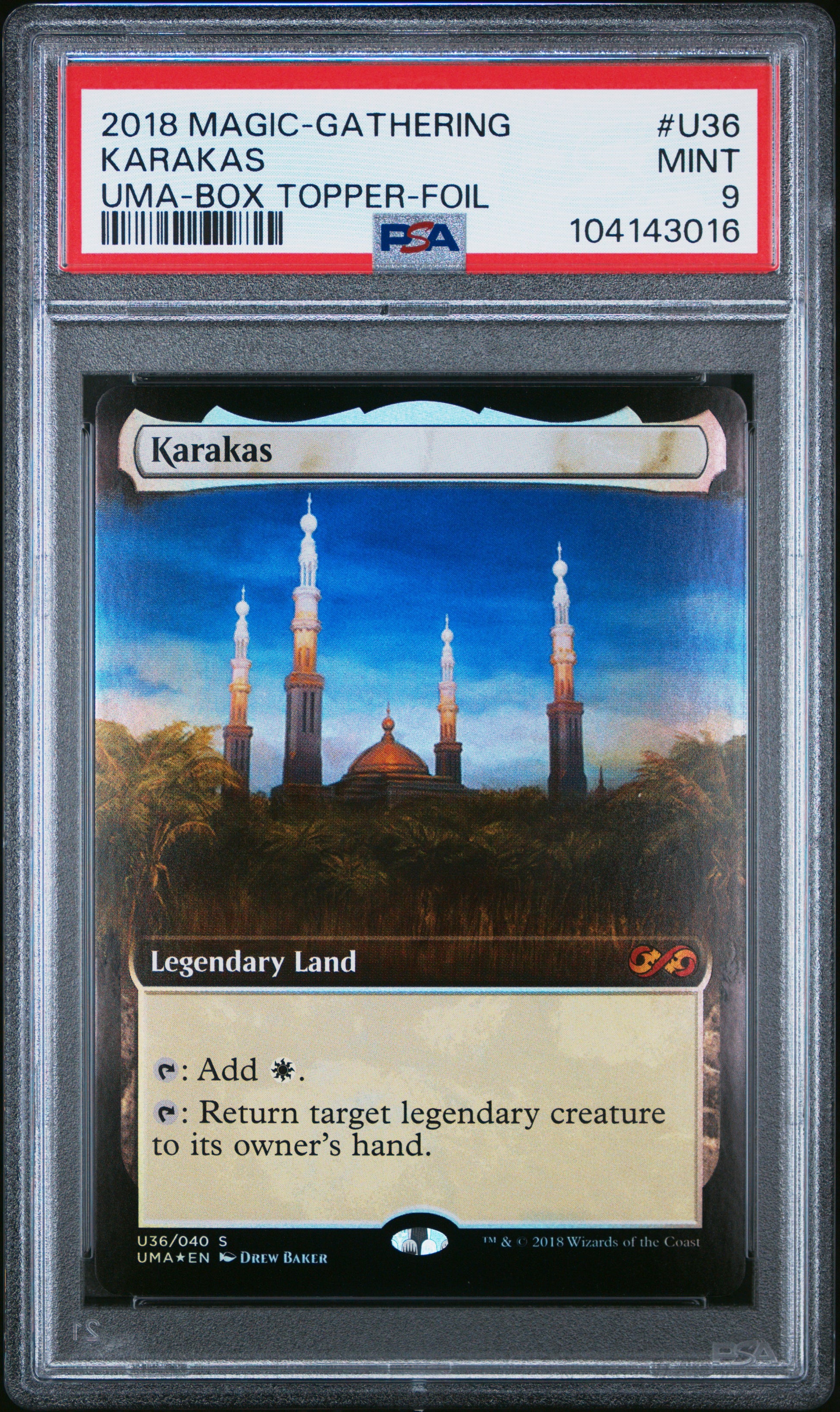 Trading card featuring 'Karakas' from '2019 Magic: Gathering' with a PSA grading label on top.