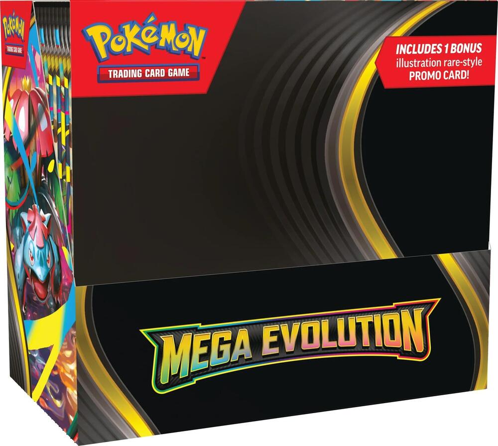 Pokémon trading card game box with 'Mega Evolution' text on a black background