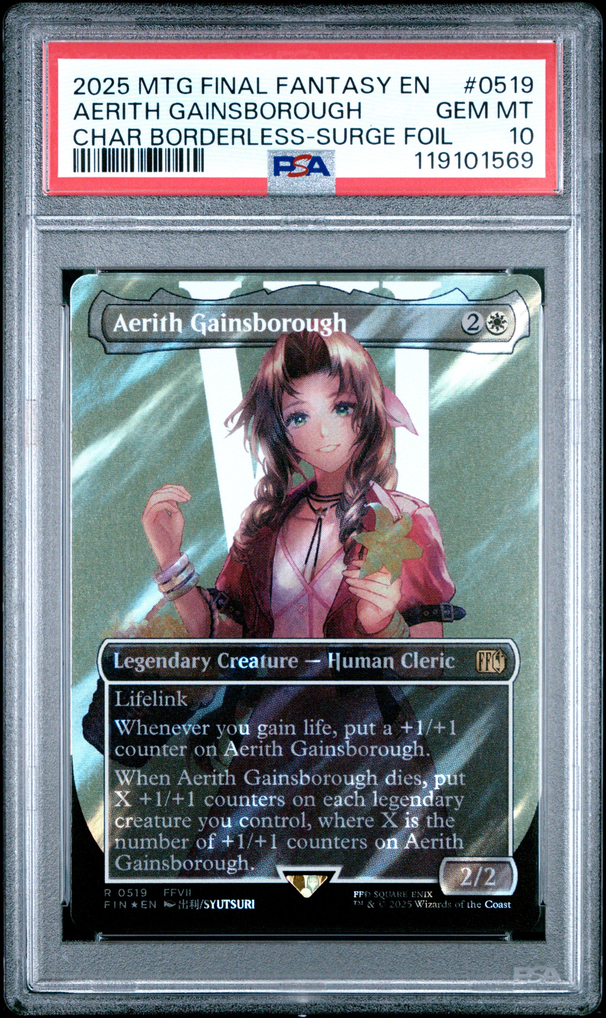 2025 MTG Final Fantasy Aerith Gainsborough #0519 – Borderless Surge Foil – PSA 10 Gem Mint