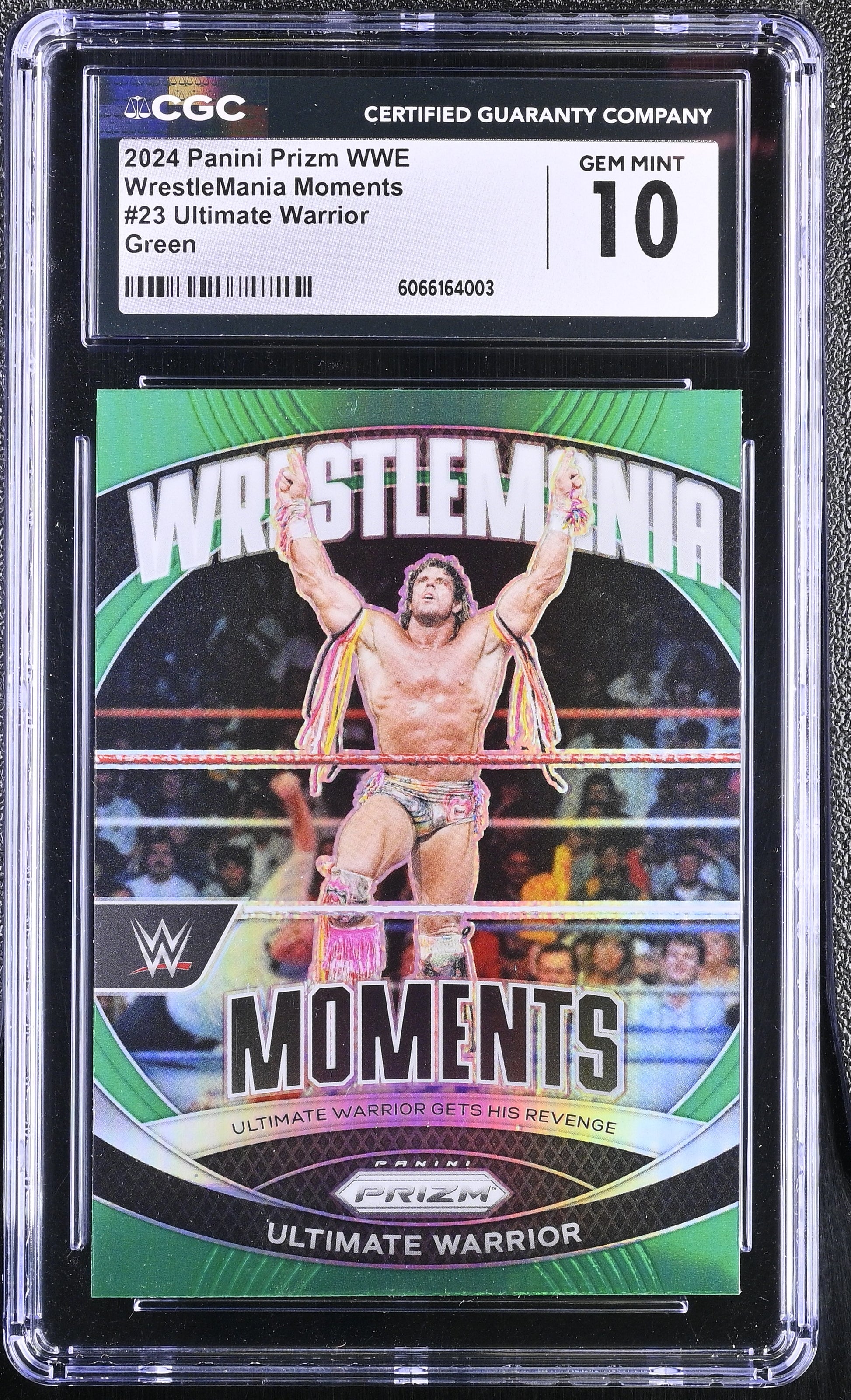 Shop 2024 Panini Prizm WWE WrestleMania Moments #23 Ultimate Warrior Green – CGC 10 Gem Mint. Iconic WWE legend insert in flawless grade.