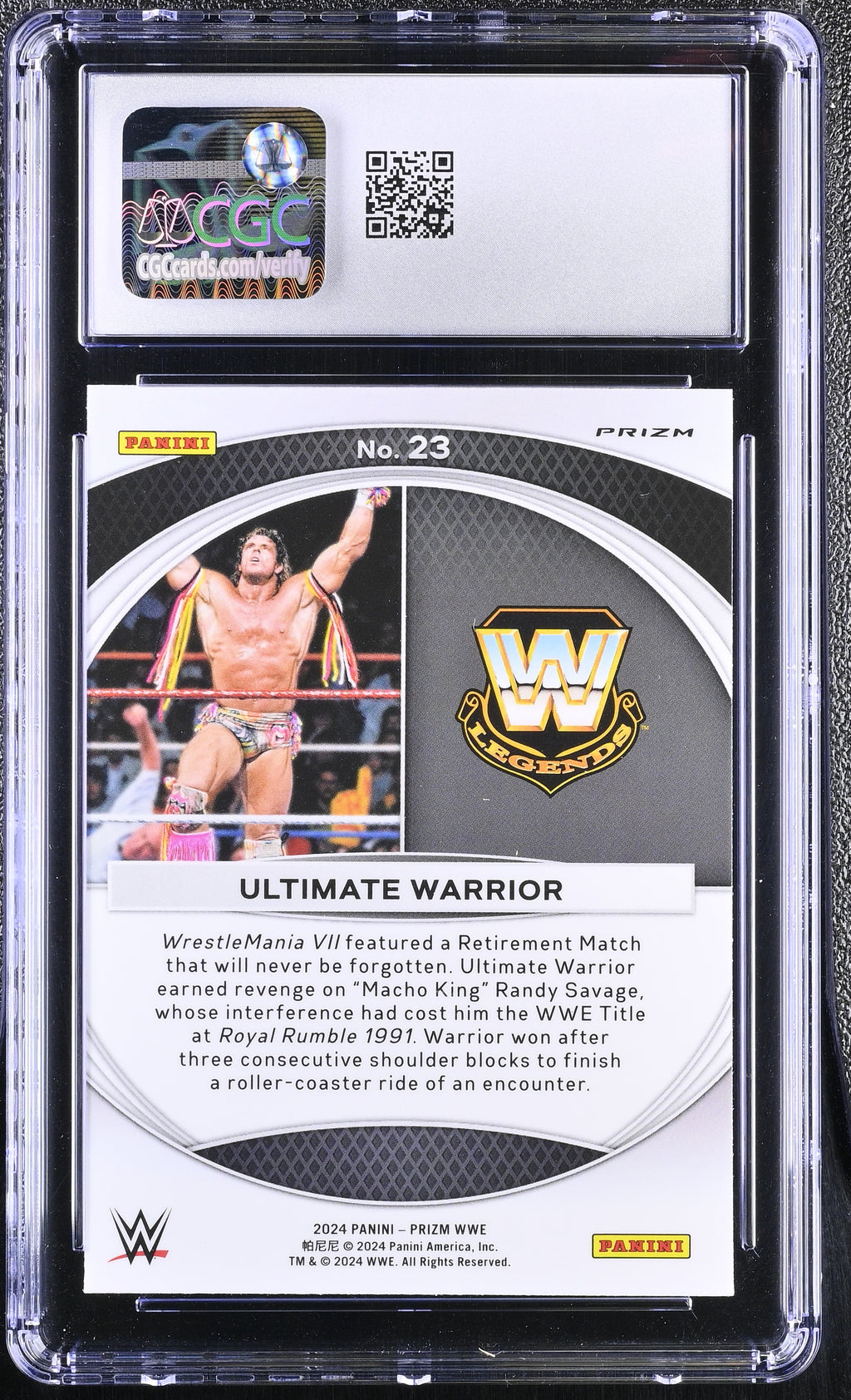 2024 Panini Prizm WWE WrestleMania Moments #23 Ultimate Warrior – Green Parallel – CGC 10 Gem Mint