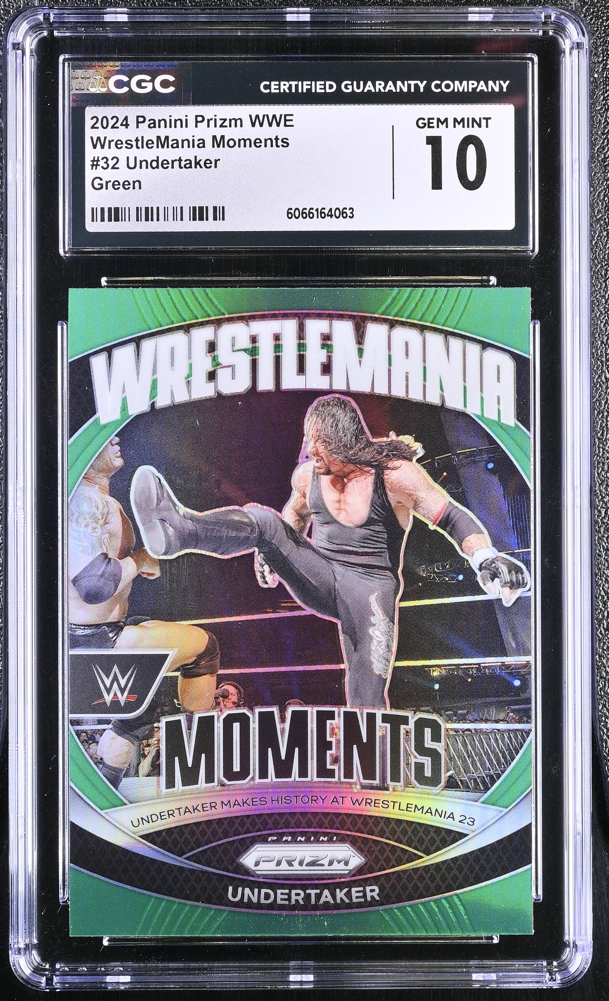 Shop 2024 Panini Prizm WWE WrestleMania Moments #32 Undertaker Green – CGC 10 Gem Mint. Iconic WWE Phenom insert in flawless grade.