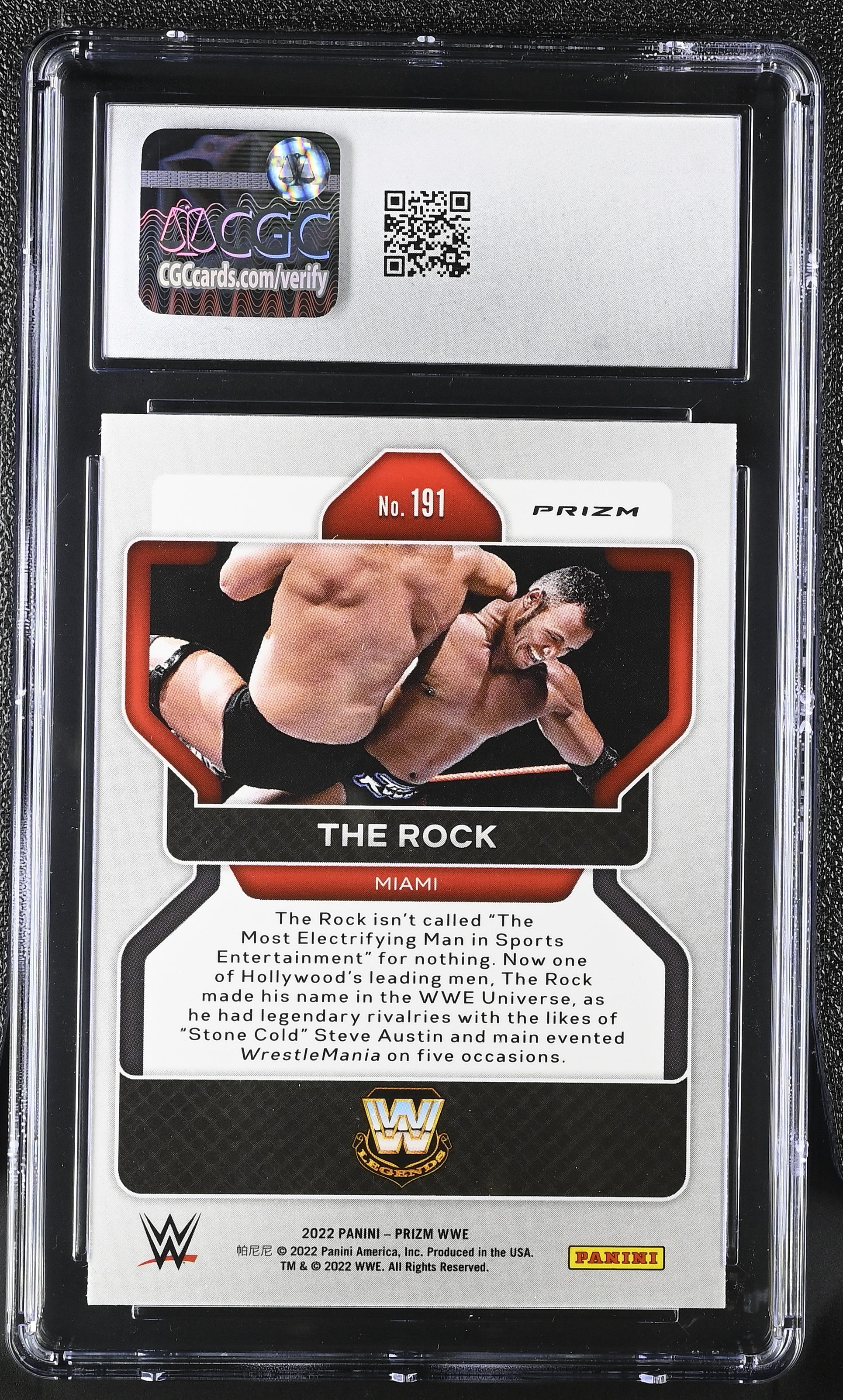 2022 Panini Prizm WWE #191 The Rock – Red White & Blue Parallel – CGC 10 Gem Mint