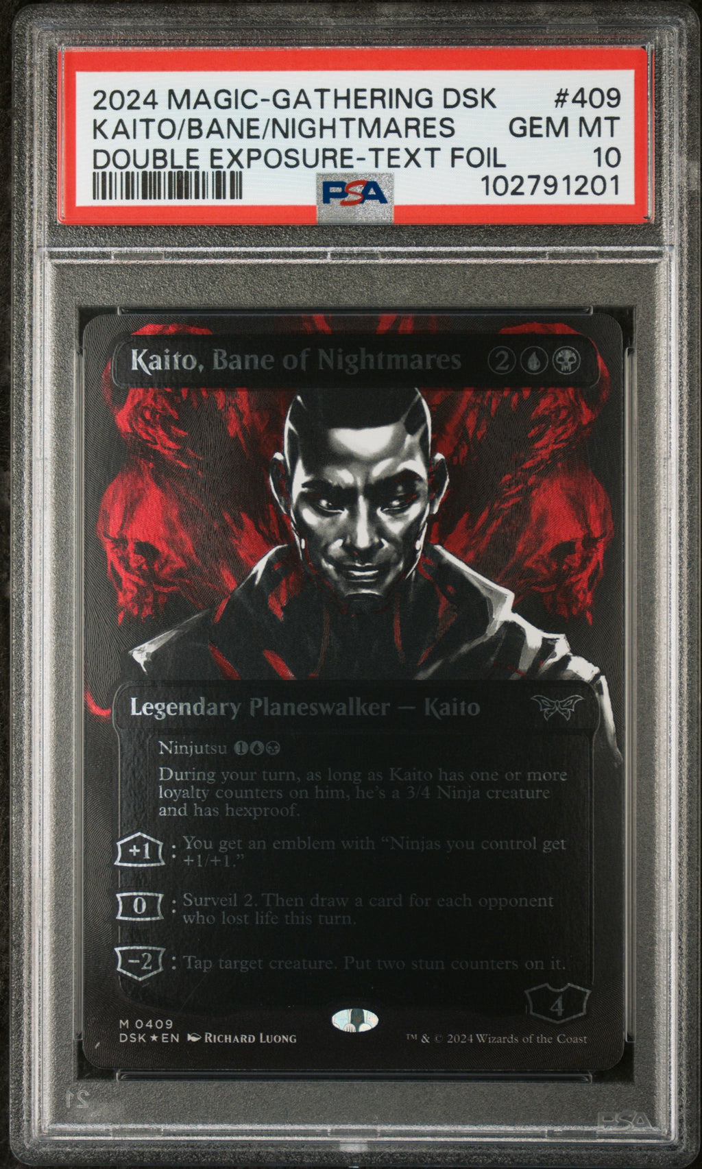 2024 MTG Duskmourn: House of Horror – Kaito, Bane of Nightmares #409 (Double Exposure Textured Foil) – PSA 10 Gem Mint