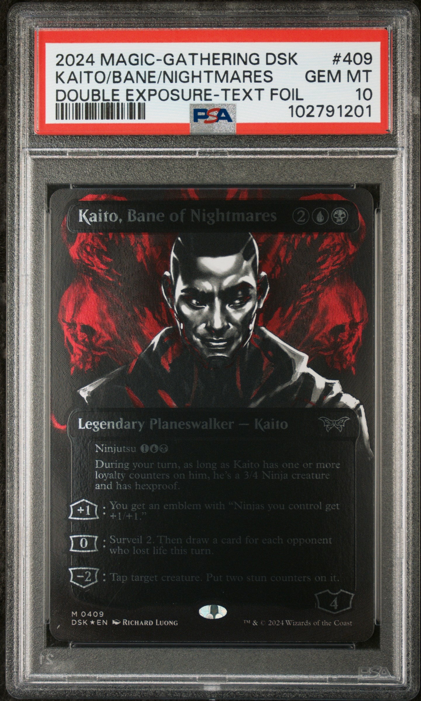 2024 MTG Duskmourn: House of Horror – Kaito, Bane of Nightmares #409 (Double Exposure Textured Foil) – PSA 10 Gem Mint