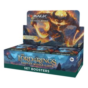 Collection of 'The Lord of the Rings' and 'Magic: The Gathering' booster boxes on a white background