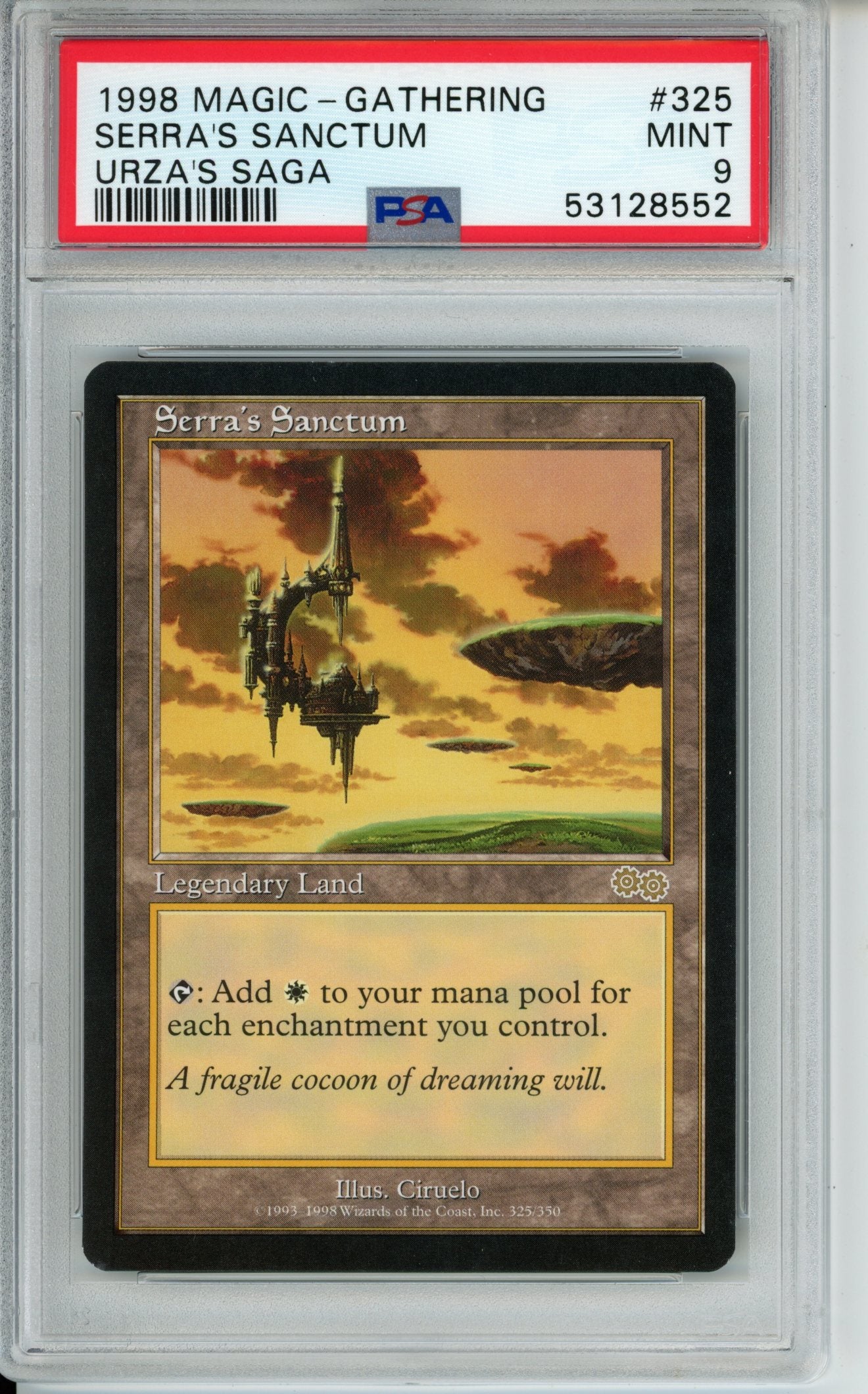 Trading card of 'Serra's Sanctum' from 'Urza's Saga' in a protective case with PSA grading label.