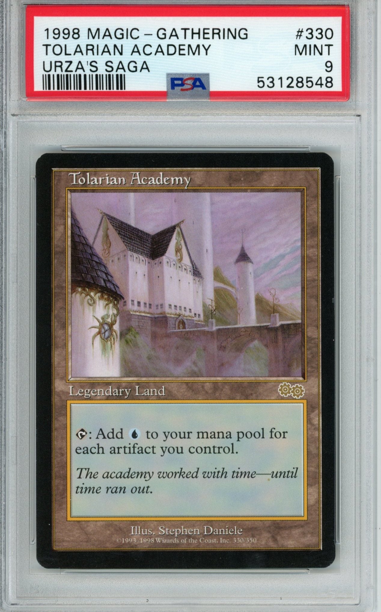 Trading card featuring Tolarian Academy from Magic: The Gathering, graded by PSA
