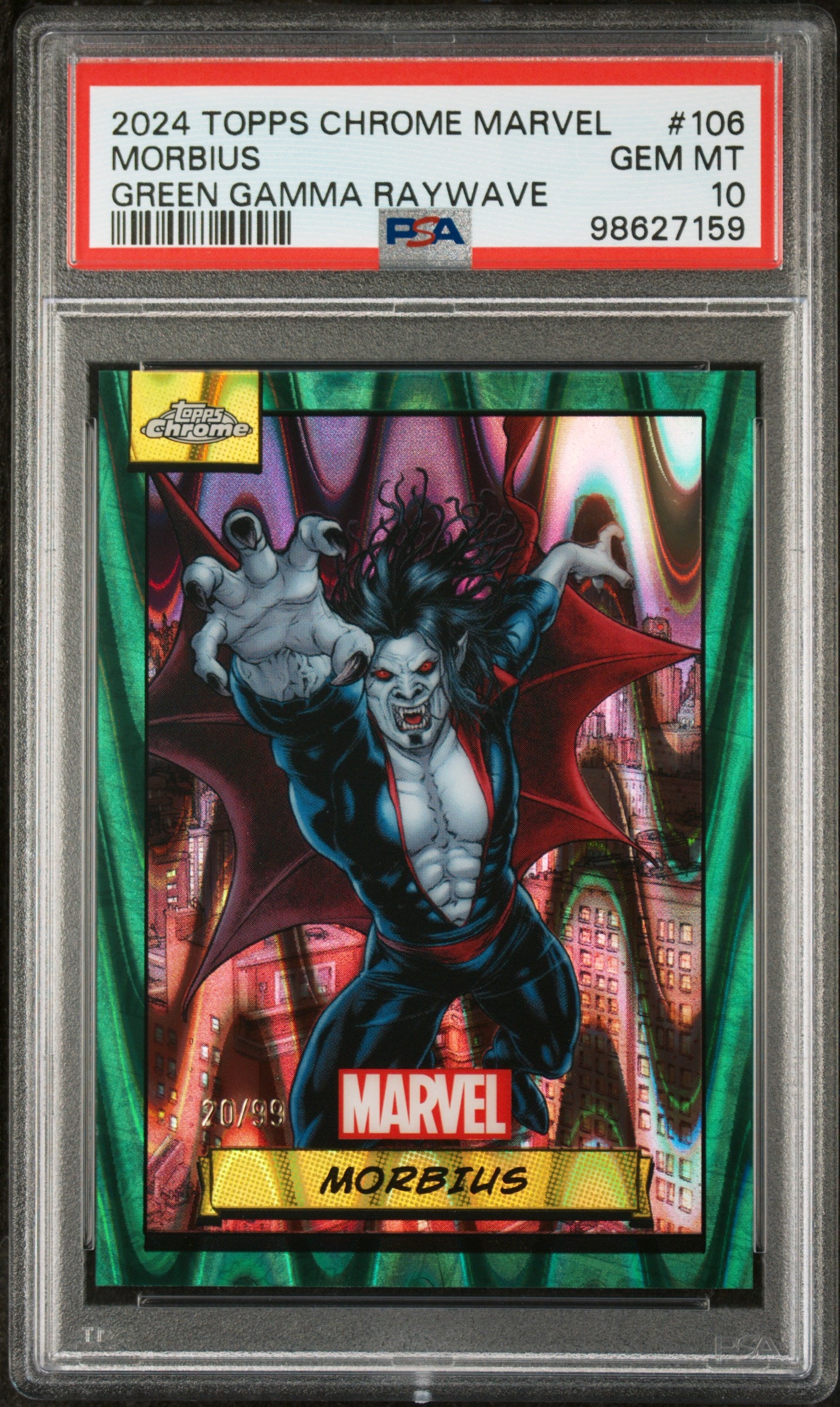 2024 Topps Chrome Marvel #106 – Morbius Green Gamma RayWave – PSA 10 Gem Mint